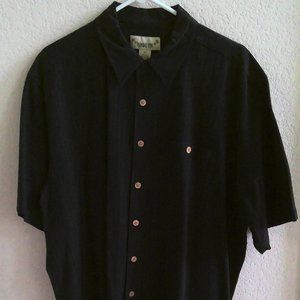 Black silk blend, short sleeve button down casual shirt